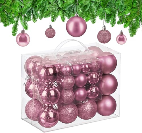 Relaxdays Palline di Natale, Set 50 Palle Albero, Addobbi Natalizi, Sfere in Plastica Opache, Lucide e Glitter, Rosa