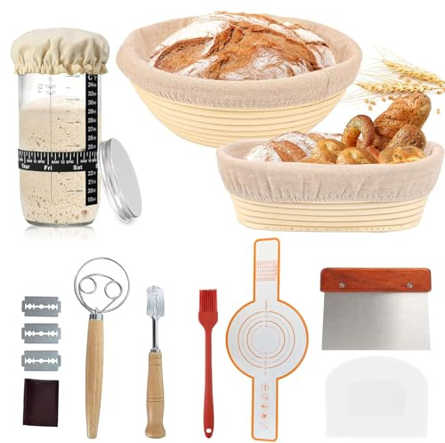 Sourdough Starter Kit, Toaster Basket Wood Grinding Set with Round & Oval Bread Fermentation Baskets and 750ml Fermentation Sour Dough Starter Kits Gifts for Bakers Beginner