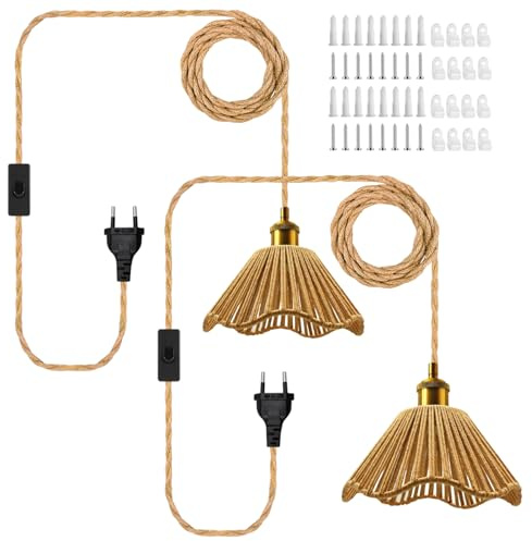 LAKONEI 2 Piezas Lámpara Colgante de Cuerda de Cáñamo, 510 CM Lampara de Cuerda con Enchufe, E26/E27 Portalámparas con Interruptor Pantalla de Cuerda de Cáñamo Tejida a Mano Lámpara Colgante Bohemia