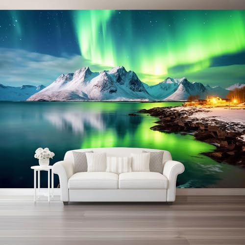 Papel pintado Fantasía de Aurora en las montañas nevadas Fotomurales Pared Tejido No Tejido Decorativos Murales Fotográfico Moderno Decoración de Paredes 200 x 140 cm
