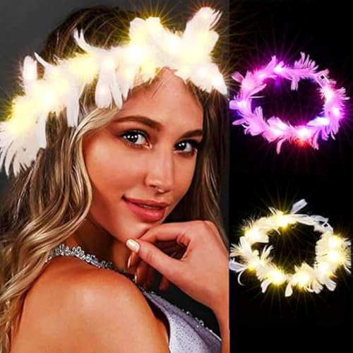 Evlry LED Federkranz Feder Krone Stirnband Leuchtend Festival Rave Haarschmuck für Frauen (2 Stück)