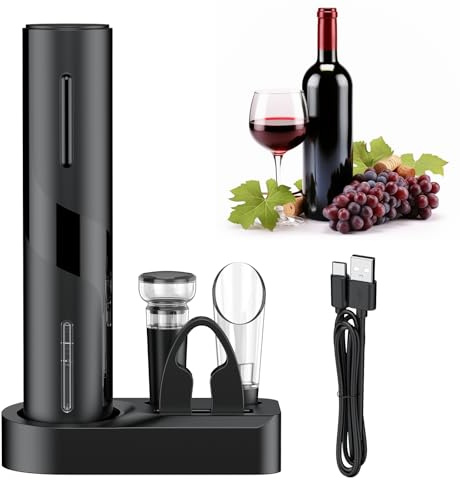 Pawfly 5-in-1 Rechargeable Electric Wine Bottle Opener Set, Automatic Wine Opener with Aerator Pourer Vacuum Stopper Foil Cutter & Storage Base, USB-C Charging Electric Corkscrew Wine Corkscrew