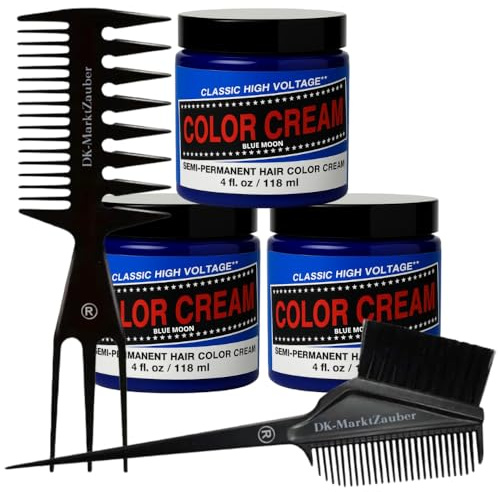 DK-MZ – 3x Blaue Color Cream 118 ml – Intense Semi-Permanent Haarfarbe ohne Ammoniak – Ozeanblau für leuchtende Farbresultate – inklusive Kamm & Färbepinsel