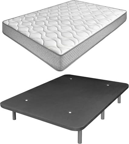 amuéblate Online - Cama Completa con Colchón Carla Reversible + Base Tapizada Extra Resistente con 6 Patas Cilíndricas Metálicas Roscadas, 105 x 190, Gris Oscuro