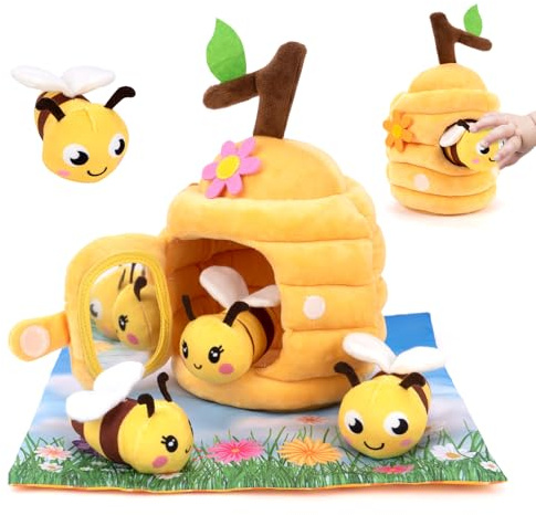 DiiWmme Soft Baby Beehive Toy, 4 Sensory Bees, Montessori Sensory Toys for Babies 6-12 Months, Yellow Polyester
