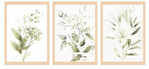 Nacnic Set De 3 Láminas Botánicas Flores Verdes Pastel. Posters Acuarela De Plantas Tonos Verdes Suaves Cuadros. Laminas Decorativas Pared Para Salón Y Dormitorio. Tamaño A3 Marco Madera Clara