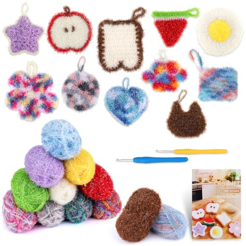 Coopay 600g (12 x 50g) Schwammgarn zum Häkeln, Spülschwammgarn Häkelset mit Häkelnadel, Bubble Garn Set Bastelgarn für DIY Craft, 12 Farben Strickgarn Häkel Set mit Schritt-für-Schritt Videoanleitung