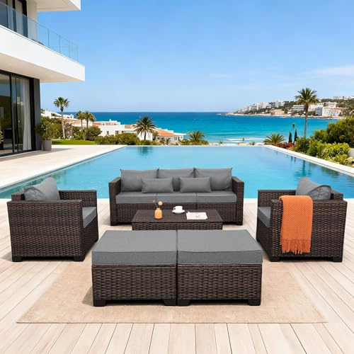 Oasishine Wicker Patio Furniture Set 6 Pieces Outdoor Furniture Chairs and Couch Storage Table Anti-Slip Cushions and Waterproof Covers, Dark Grey