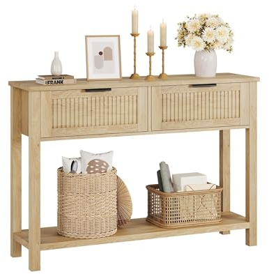 Garvee Table Console à 2 Niveaux, Meuble d’Entrée, Table d'appoint avec 2 Tiroirs en Rotin et Étagère de Rangement, pour Couloir Chambre Salon (Beige 3)