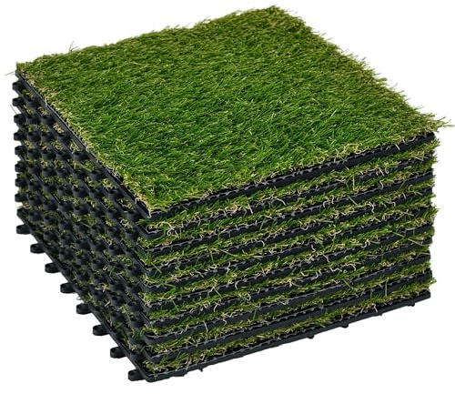 Outsunny Erba Finta da Esterno Sintetica 30x30cm 10 Pezzi, Prato Artificiale Realistico Anti-UV per Patio Balcone Giardino, Verde Scuro