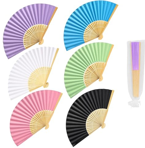 QEEROYO 6 Pack Bamboo Wooden Folding Hand Fan, Folding Chinese Fan, Hand Fans Bamboo Paper Wedding, for Wedding Christmas Party Prom Festival DIY Home Decorations (Multicolor)