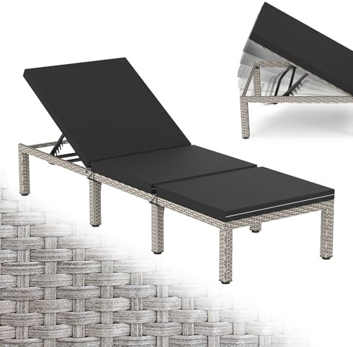 Verdego Sonnenliege Polyrattan 190 x 65 x 35 cm, Gartenliege Wetterfest mit 5 Fach Verstellbarer Rücklehne und Bequemer Auflage, bis 150 kg Belastbar, Liegestuhl für Garten, Terrasse, Balkon, Schwarz