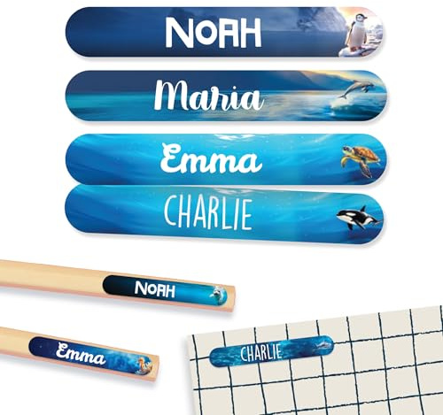Gutmarkiert Mini Namensaufkleber Real World - mit Namen 3,8x0,6cm 42 St. | Namensaufkleber in einer Farbe mit erkennbarem Symbol - personalisierbar für Kita - Schule und Kindergarten