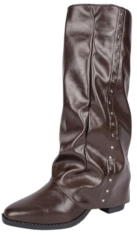 Slouchy knähöga stövlar för kvinnor nit dekor spetsig tå block häl ridning stövel retro PU, Western Knight stövlar för höst vinter utflykter, gatumode, halkfri tjock klack vintage snygga höga skor