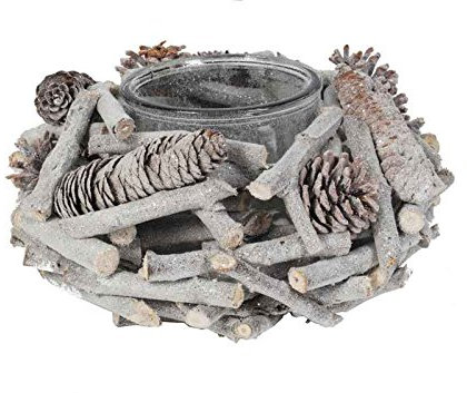 itsisa Großes winterliches Windlicht mit Holzkranz D: 30 cm - als Adventskranz/Weihnachtstischdeko UVM.