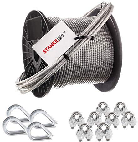 Seilwerk STANKE Cuerda de acero galvanizado en cubierta de PVC 50m, Cuerda de acero con diámetro 4mm 6x7, 4x guardacabo, 8x abrazadera - SET 2