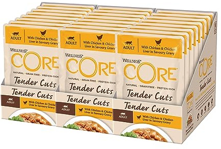 Wellness CORE Tender Cuts 24 x 85g, Poulet/Foie de Poulet – Tendre Morceaux pour Chats Adultes, sans Céréales, Naturelles, Hypoallergénique, Riche en protéines, À Haute Teneur en Viande,