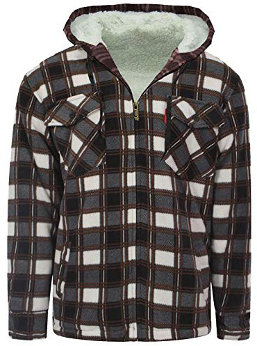 MyShoeStore Mens Padded Shirts Lumberjack Collared Hooded Flannel Check Jacket Thick Quilted Work Wear Warm Thermal Fleece Fur Lined Top Casual Coat (Hooded Brown, S)