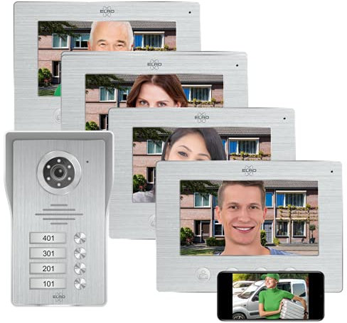 Elro DV477IP4 4 Famiglie-con Schermo 4X 7 Pollici-Color Night Vision-visualizzazione dal Vivo e Comunicazione Via App, Alluminio Spazzolato, 4 Appartamenti