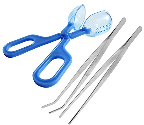 Supkeyer 3in1 Feeding Tool Reptile Feeding Tongs Cricket Clamp Bug Scooper, Cleaning Supplies Scooper+ 2x Tweezers for Reptile, Hedgehog, Hamsters, Guinea Pig,Lizard, Spider Bearded Dragon (Blue)