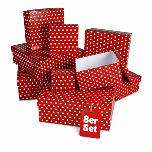 8-teiliges Set Geschenkschachteln Geschenkboxen Geschenkkarton, 8 Stück Geschenkkartonage Boxenset Weihnachten Geburtstag Hochzeit, ca. 22,5 x 22,5 x 8 cm (Rot mit weißen Punkten)