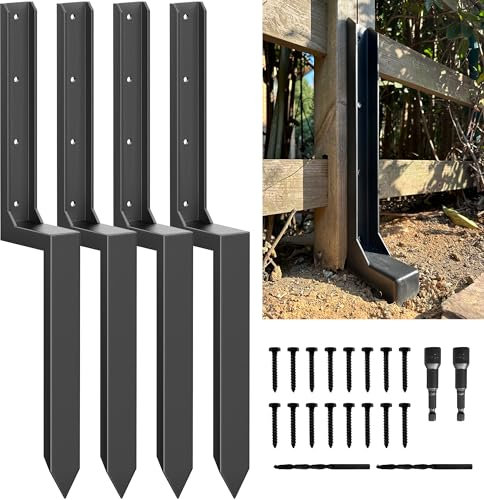 IRONBABE Fence Post Repair Kit - Quick Fix Broken/Leaning 4x4/6x6 Wood Posts with One-Piece Steel Anchor Stakes ( Thickened 11-Gauge, 4-Pack )