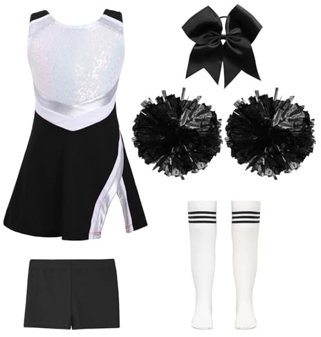 YEAHDOR Vestito Cheer-Leader con Pantalocini Pon Pon per Bambina Uniforme da Cheerleading Costume per Halloween Carnevale Masquerade 5 Pezzi B Bianco 9-10 anni