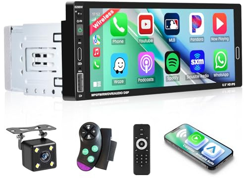 Hikity 1 Din Wireless Carplay Android Auto Autoradio 6,9 Zoll Touchscreen Radio Bildschirm Bluetooth Freisprecheinrichtung FM/EQ/USB/SWC/Rückfahrkamera/Mikrofon