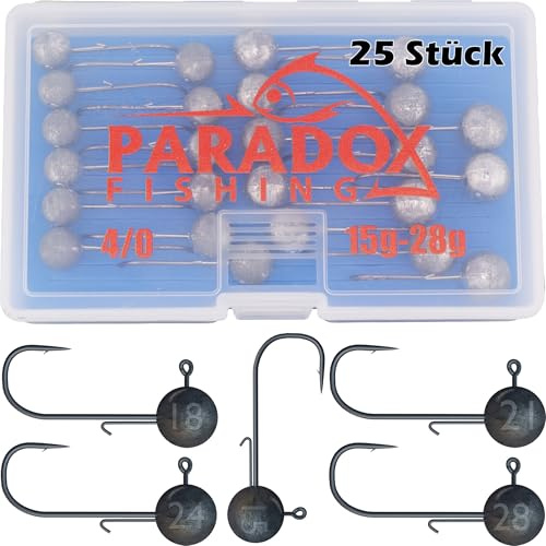 Paradox Fishing Jigköpfe Sets 2/0 3/0 4/0 5-28g - 15/25 St. - Jig Köpfe Gummifisch mit Jighead für Gummifische Zander Angelzubehör