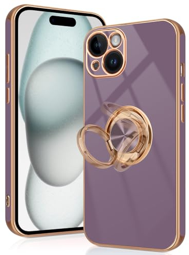 Tveinan for iPhone 15 Case with 360° Rotation Ring Holder Stand, Slim Soft Shockproof Cover with Magnetic Car Holder Flexible TPU Phone Case for iPhone 15 - Light Purple