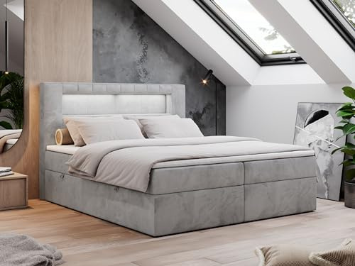MKS MEBLE Boxspringbett 180x200 mit Led Grau Samt, Polsterbett Bett mit Topper T25 und Kopfteil, Multipocket Matratze H4, Doppelbett mit Bettkasten Stauraumbett - Gold-5 - Hellgrau Velvet