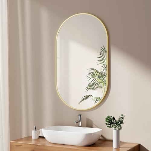 EMKE Badspiegel Oval 60 x 100 cm Spiegel mit Goldener Rahmen Wandspiegel Oval Horizontal/Vertikal Badezimmerspiegel Ovaler Spiegel Gold Dekorativer HD Wandspiegel für Badezimmer, Flur