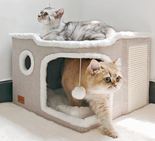 Spindro - Grande cuccia per gatti a forma di grotta per gatti da interni, casa per animali domestici pieghevole a cubo con cuscino antigraffio, rifugio per gattini con cuscino morbido, casetta carina