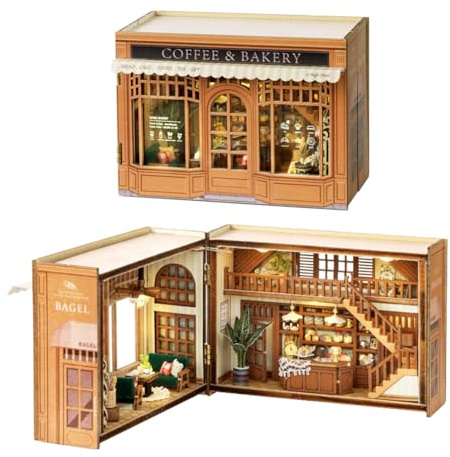 DIY Puppenhaus Miniatur-Möbel-Bausatz, 1:32 Skala kreative Zimmer geöffnet & geschlossen Design Mini Holzpuppenhaus Puzzle Spielzeug für Kinder Jugendliche Erwachsene (Kaffee Bäckerei Geschäft)