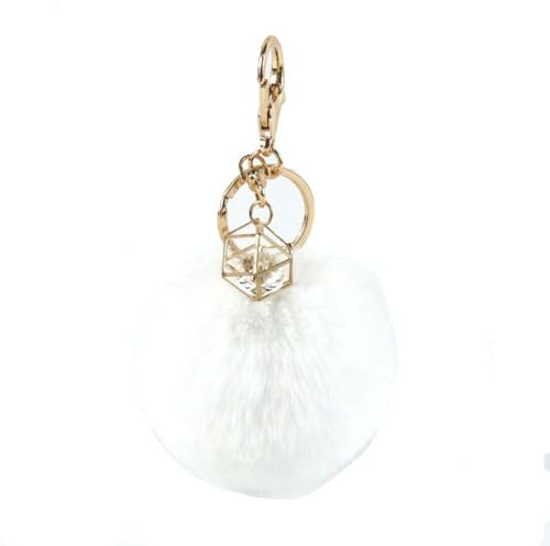 Wisafory Pompons Schlüsselanhänger mit Strass Kunstfell Taschenanhänger Flauschigen Plüsch Ball Keychain Schlüsselbund Bommel Anhänger Schlüsselring für Handtasche Schlüssel Weiß 7cm