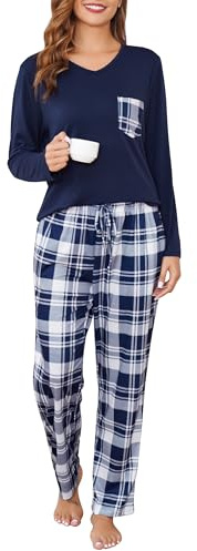 Sopesil Pyjama Femme Hiver Ensemble de Pyjama Chaud et Doux Col V à Manches Longue et Bas de Pyjama à Carreaux Vêtement de Nuit 2 Pièces pour Femmes avec Poches,S-XXL
