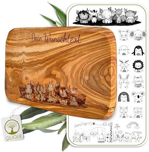Tabla de desayuno personalizada, madera de olivo – Tabla de servir de alta calidad con grabado como regalo individual (diseño de animales)