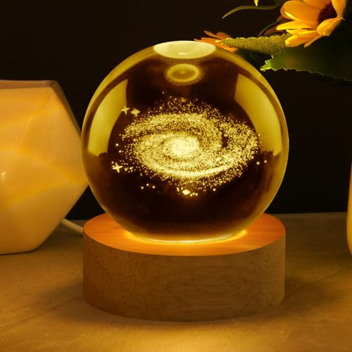 Vicloon Lampada a Sfera Di Cristallo 3D Da, Luce Notturna per Bambini a Forma di Sfera in Vetro, lampada da notte con base in legno, Decorazione in Cristallo Regali per bambini(Milky Way)