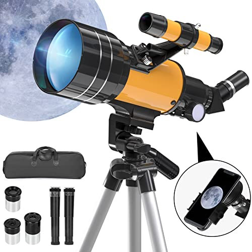 Teleskop Astronomie, Teleskope für Erwachsene, 70/300mm Blende Refraktor Teleskop für Kinder und Einsteiger, mit Telefon Adapter und Stativ zur Beobachtung von Planeten und Mond(15x-150x)