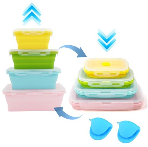 4 Stück Faltbare Frischhaltedosen aus Silikon, Bento Vorratsdosen Set mit Deckel, Frischhalteboxen für Kühlschrank Mikrowellenofen, Brotdosen für Camping, Picknick, Büro, Küche (Blau/Grün/Rosa/Gelb)