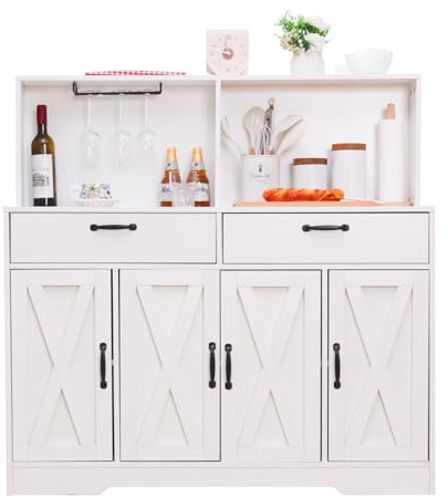 Walmokid Sideboard Buffet Cabinet with Storage, 47'' Farmhouse Coffee Bar Cabinet, Kitchen Pantry Storage Cabinet with Doors and Shelves for Dining Room, Living Room, Kitchen, White