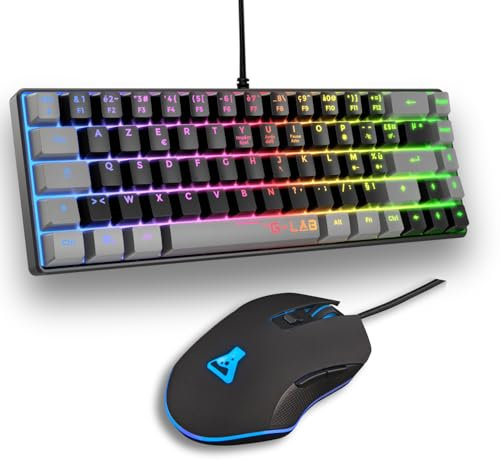 The G-Lab - Combo Hydrogen - Pack Clavier Souris Gamer, Clavier Gamer 65% Filaire, Rétroéclairage RGB, azerty, Format Compact + Souris Gaming RGB, 6 Boutons, 6400 DPI - PC/PS4/PS5 – Noir/Gris