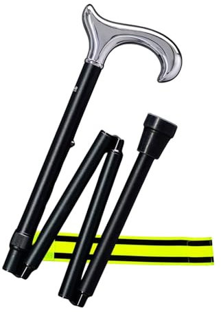 Gehstock Faltstock 4-teiliger höhenverstellbar faltbar Chrom – aus Aluminium mit ergonomischem Derby-Griff-belastbar bis 120 kg, Satin Finish + Olanmarp Klettarmband mit Streifen