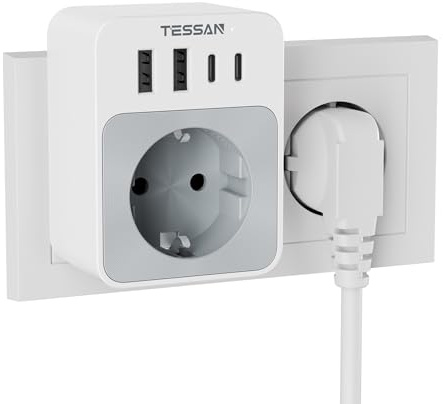 TESSAN 5 i 1 Grenuttag 2 USB C, vägguttag med 1 Schuko och 4 USB portar | Uttagsadapter kompatibel med telefon, pad, eluttag för hem, kontor och resor, 3600W, gråvit