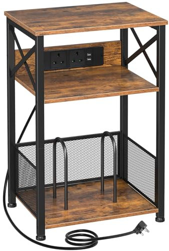 AMHANCIBLE Record Player Stand with Charging Station, 3-Tier Bedside Table with Storage Cabinet, Side Table Hold Up to 100 Albums, Vinyl Record Stand for Living Room, Bedroom, Rustic Brown HETCD01BR-1