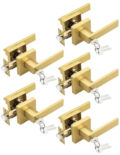 Tinewa 5 Pack Brushed Gold Entry Door Levers with Lock and Key, Satin Brass Keyed Alike Lockset Combo Pack, Entrance Door Handles for Office and Front Door, Door Knobs Lockset (Each with 3 Keys)
