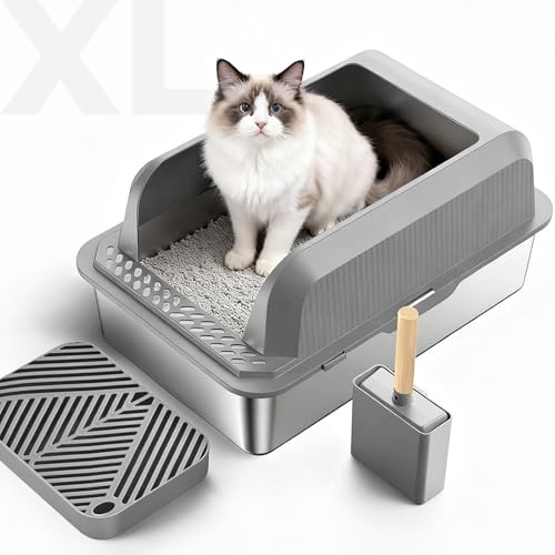 COOLYNX Katzentoilette Edelstahl, Litter Box Katzenklo, Edelstahl Katzenklo XL Offen 60x40x30 cm mit Pedal & Schaufel, Halbgeschlossen Katzenklo Einfache Reinigen für Große Katzen (Hellgrau)