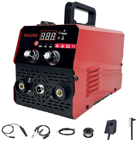250A Gasless MIG Welder, 3-in-1 MIG/ARC/TIG Welding Machine with LED Digital Display, Suitable for Iron, Carbon Steel & Galvanized Sheet
