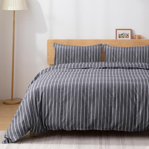 TOCOMOA Striped Duvet Cover Set 100% Natural Cotton Soft Comfy Breathable 3 Piece Grey and White Pattern Printed Comforter Cover Bedding Set (King 104x90, Comforter Not Included)