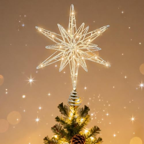 Xevinas Weihnachtsbaumspitze Beleuchtet, Weihnachtsstern Beleuchtet mit USB Fernbedienung, Christbaumspitze Stern Silber, Baumspitze Schwarz für Zuhause Party Dekoration (D)